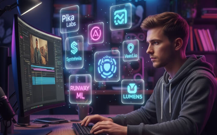 Free AI video generators for YouTube and content creators using Pika Labs, Runway ML, Synthesia, Lumen5, and Veed.io